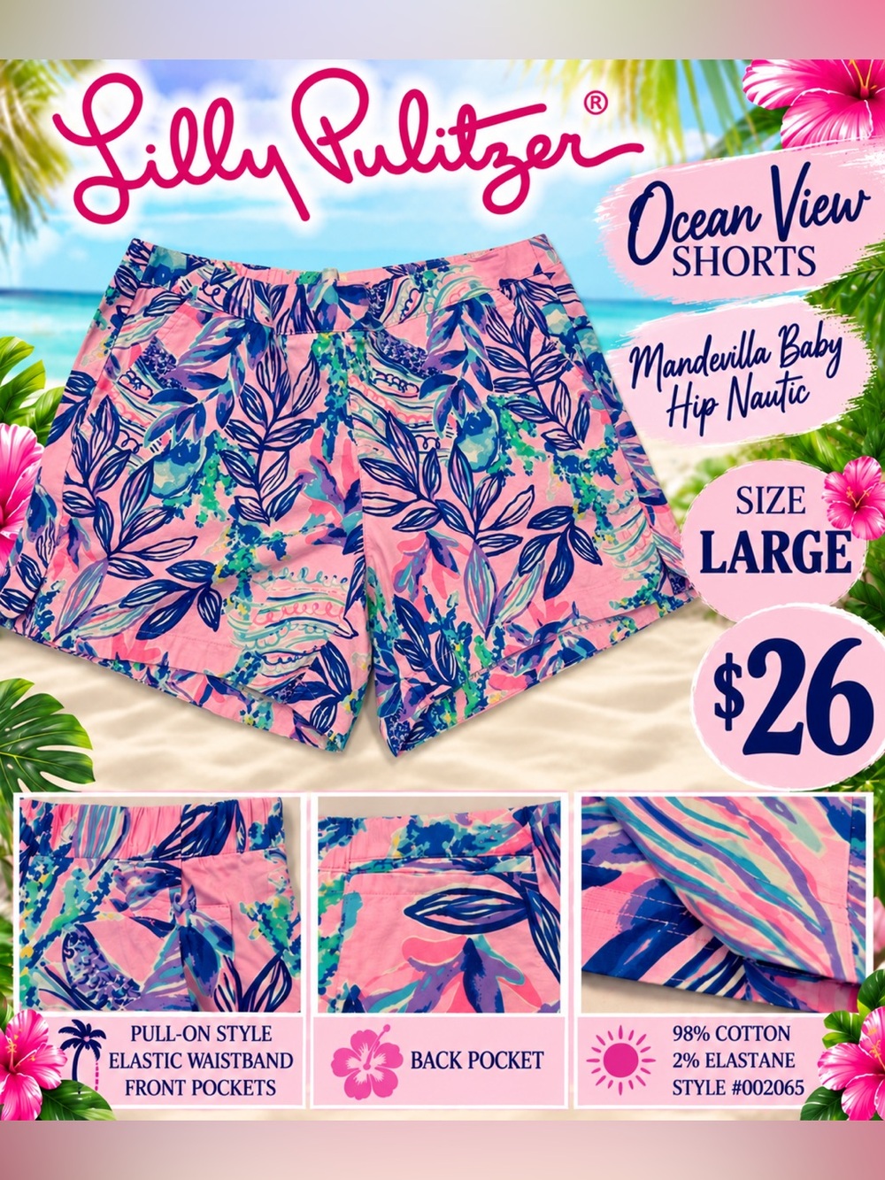 Lilly Pulitzer Ocean View Shorts - Mandevilla Baby Hip Nautical- size large GUC
